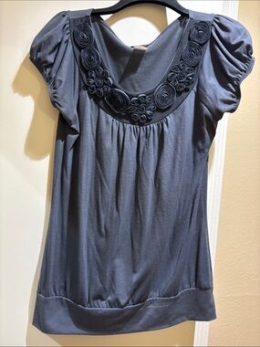Agenda Charcoal Scoop Neck Rosette Trim Short Sleeve Blouse